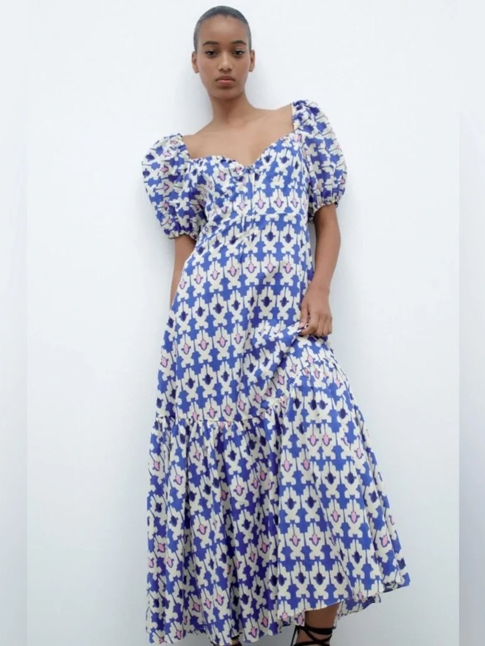 NWT ZARA Geometric Pattern Maxi Dress in Blue/Cream/Pink - Picture 2 of 11